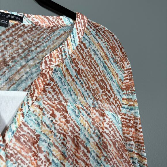 Ava & Grace Women's Brown & Blue Abstract Boho Top - Size Large - Semi-Sheer - Picture 2 of 5